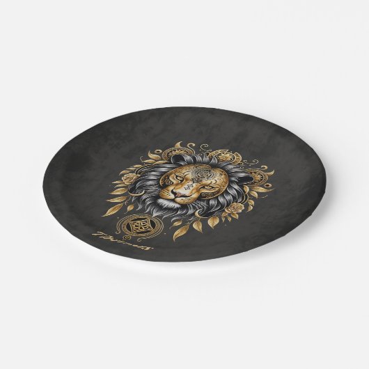 Majestätischer goldener Löwenkopf mit schwarzer Ma Pappteller (Schrägansicht)