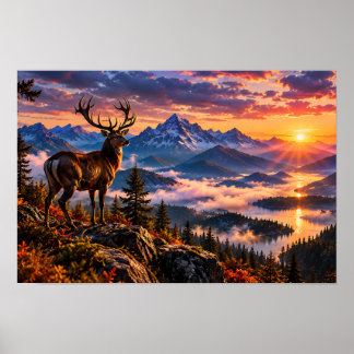 Majestätischer Hirsch auf einem Berg bei Sonnenunt Poster