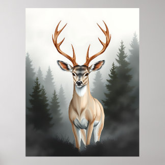 Majestätischer Hirsch im nebligen Wald – Ruhige Ti Poster