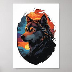 Majestätischer Husky vor einem Sonnenuntergangshim Poster