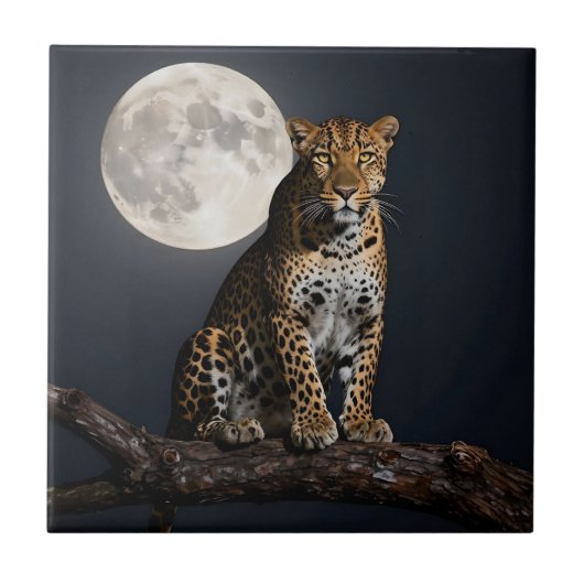 Majestätischer Leopard und Vollmond   Fliese (Vorderseite)
