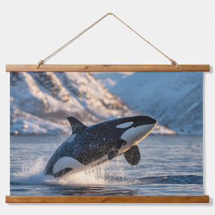 Majestätischer Orca Arctic Splash Wildlife-Wandkun Wandteppich Mit Holzrahmen
