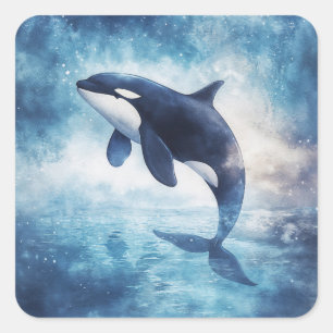 Majestätischer Orca erhebt sich unter den Sternen Quadratischer Aufkleber