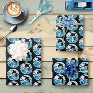 Majestätischer Orca-Schwertwal Blaue Wellen Ozean Geschenkpapier Set