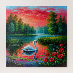 Majestätischer Schwan gleitet auf einem ruhigen Se Puzzle