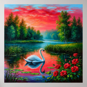 Majestätischer Schwan gleitet über einen ruhigen S Poster