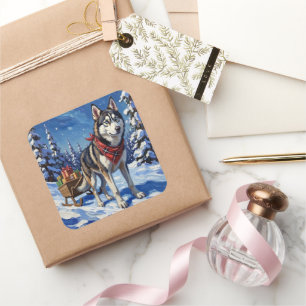 Majestätischer Sibirischer Husky zieht Weihnachtss Quadratischer Aufkleber