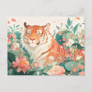 Majestätischer Tiger im üppigen Blumengarten Postkarte