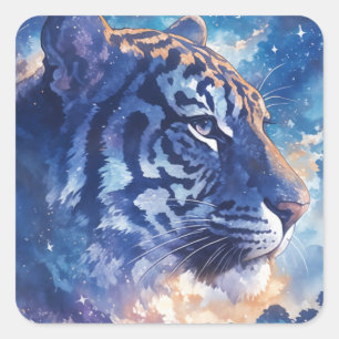 Majestätischer Tiger unter dem nächtlichen Sternen Quadratischer Aufkleber
