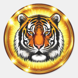 Majestätischer Tigerkopf mit leuchtenden goldenen Runder Aufkleber