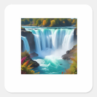 Majestätischer türkisfarbener Wasserfall | Herbstl Quadratischer Aufkleber