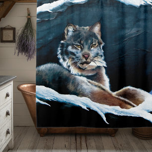 Majestätischer Winterluchs ruht auf schneebedeckte Duschvorhang