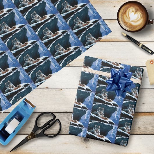 Majestätischer Winterluchs ruht auf schneebedeckte Geschenkpapier