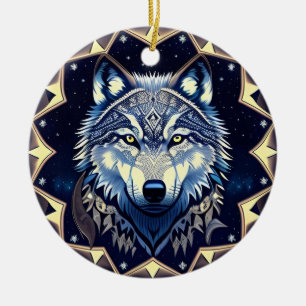 Majestätischer Wolf unter Sternenhimmel Keramik Ornament