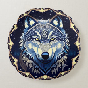Majestätischer Wolf unter Sternenhimmel Rundes Kissen