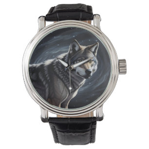 Majestätischer Wolf unter sternklarem Himmel Armbanduhr