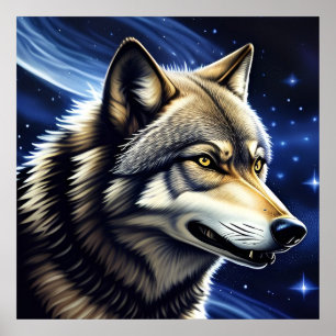 Majestätischer Wolf unter sternklarem Himmel Poster