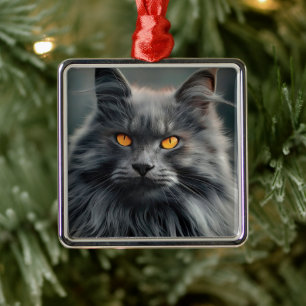 Majestätisches Langhaar-Katzenporträt-Design Ornament Aus Metall