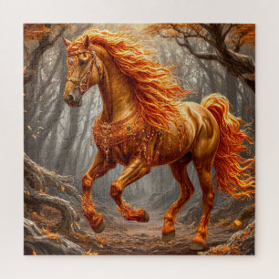 Majestätisches orangefarbenes Pferd im Herbstwald Puzzle