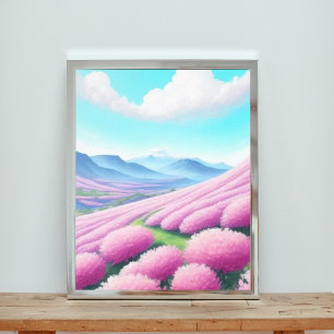 Majestätisches Panorama der rosa Blume und Berge Fotodruck