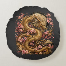 Majestätisches rundes Kissen mit goldenem Drachen
