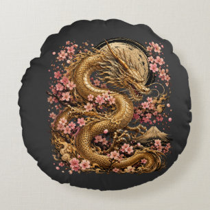 Majestätisches rundes Kissen mit goldenem Drachen