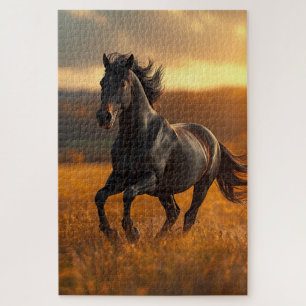 Majestätisches Schwarzes Hengst Herbst Landschaft  Puzzle