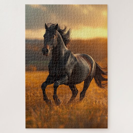 Majestätisches Schwarzes Hengst Herbst Landschaft Puzzle (Vertikal)
