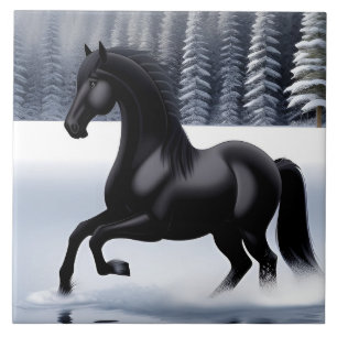 Majestätisches schwarzes Pferd, das auf einer schn Fliese