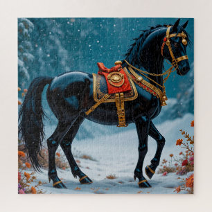 Majestätisches schwarzes Pferd, geschmückt mit gol Puzzle