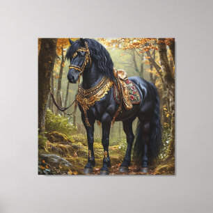 Majestätisches schwarzes Pferd in königlichem Gold Leinwanddruck