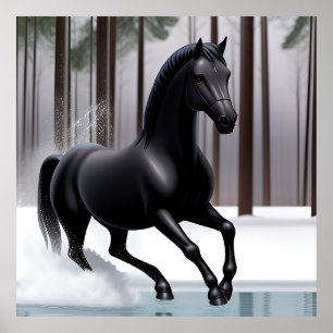 Majestätisches schwarzes Pferd läuft durch einen s Poster