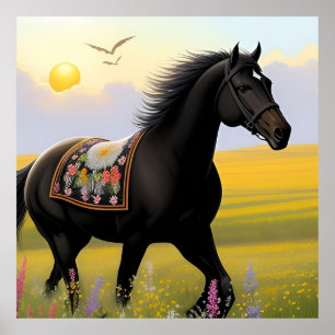 Majestätisches schwarzes Pferd läuft Poster