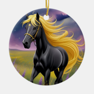 Majestätisches schwarzes Pferd mit fließender gold Keramik Ornament