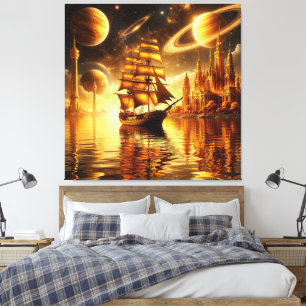 Majestätisches Segelschiff unter goldenem Himmel Leinwanddruck