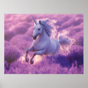 Majestätisches weißes Einhorn galoppiert durch Lav Poster