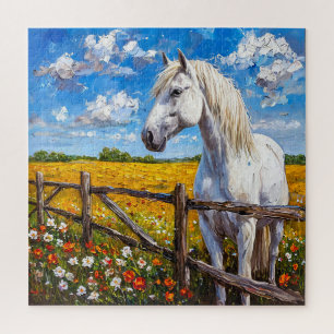 Majestätisches weißes Pferd neben einem rustikalen Puzzle
