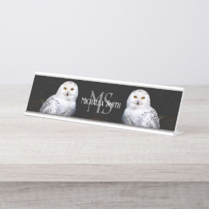 Majestätisches Winter-Schneeeulen-Monogramm mit in Schreibtischnamensplakette