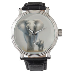 Majestic African Elephant and Baby in Watercolor Armbanduhr