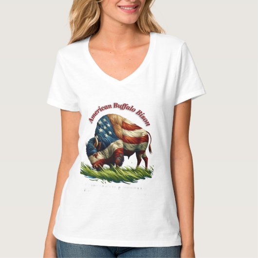 Majestic American Bison Illustriert Flag T-Shirt (Vorderseite)
