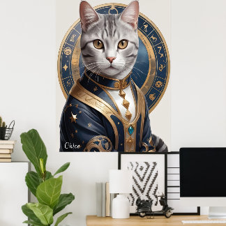 Majestic American Shorthair Cat in Blue and Gold Poster