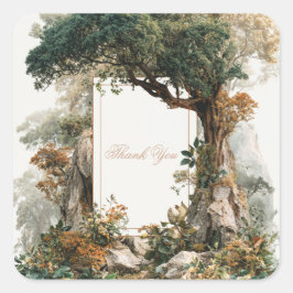 Majestic Ancient Tree Rocky Forest Gold Frame Quadratischer Aufkleber