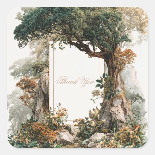 Majestic Ancient Tree Rocky Forest Gold Frame Quadratischer Aufkleber (Vorderseite)