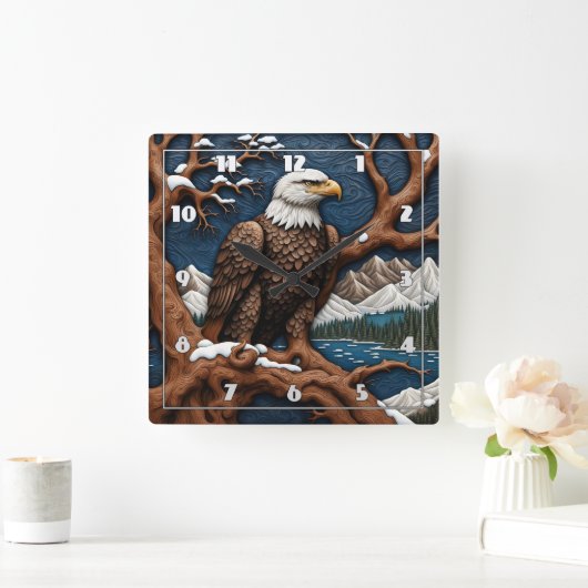 Majestic Bald Eagle in der Winterlandschaft Quadratische Wanduhr (Zuhause)
