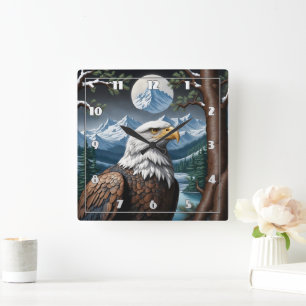 Majestic Bald Eagle in Snowy Mountain Landschaft Quadratische Wanduhr