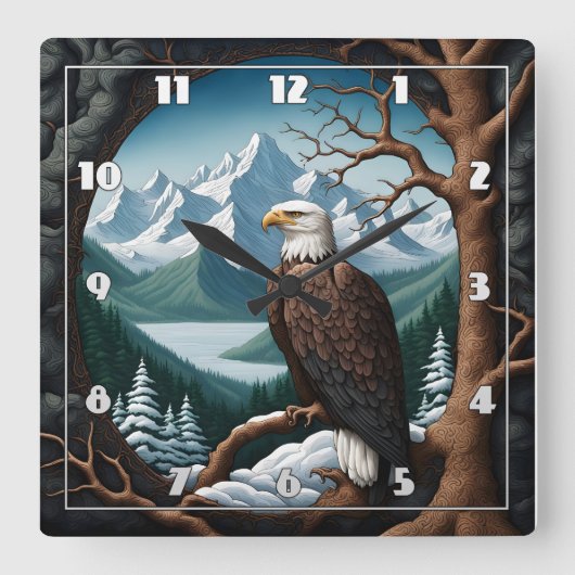 Majestic Bald Eagle mit Blick auf den Bergsee Quadratische Wanduhr (Vorderseite)