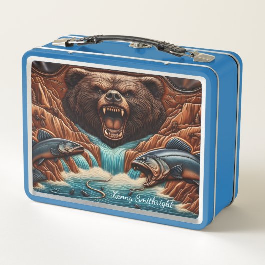 Majestic Bären Jagen in rauschenden Rapids Metall Brotdose (Rückseite)