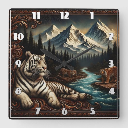 Majestic Bengalisch Tigers by Mountain River Quadratische Wanduhr (Vorderseite)