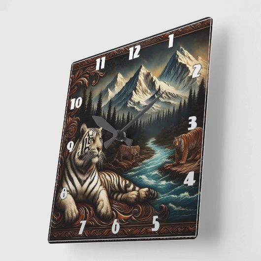 Majestic Bengalisch Tigers by Mountain River Quadratische Wanduhr (Winkel)