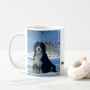 Majestic Bernedoodle Hund auf schneebedeckter Tass Kaffeetasse